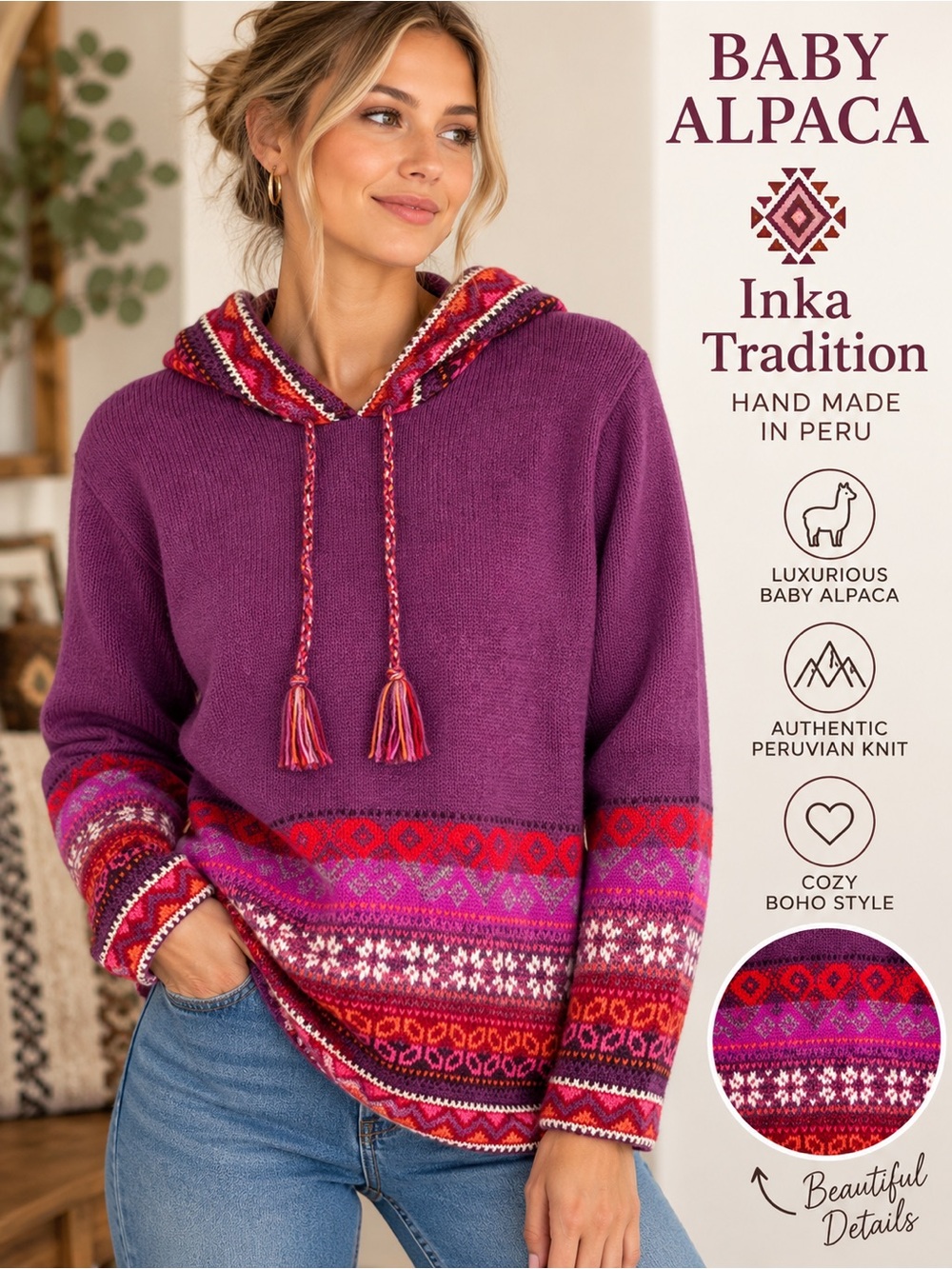 Baby Alpaca Inka Tradition Peru Purple Fair Isle Hooded Sweater Estimated M